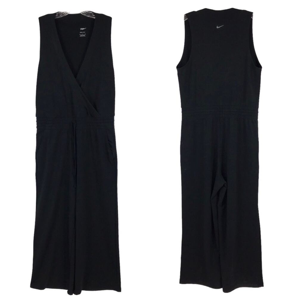 NIKE Yoga Cropped Wide Leg Jumpsuit in Black Dri-Fit French Terry - Size Large - Picture 2 of 12